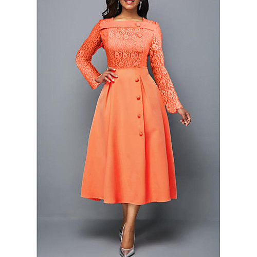 

Women's Swing Dress Midi Dress Blue Blushing Pink Orange Long Sleeve Solid Color Lace Patchwork Summer Square Neck Elegant 2021 S M L XL XXL 3XL 4XL 5XL