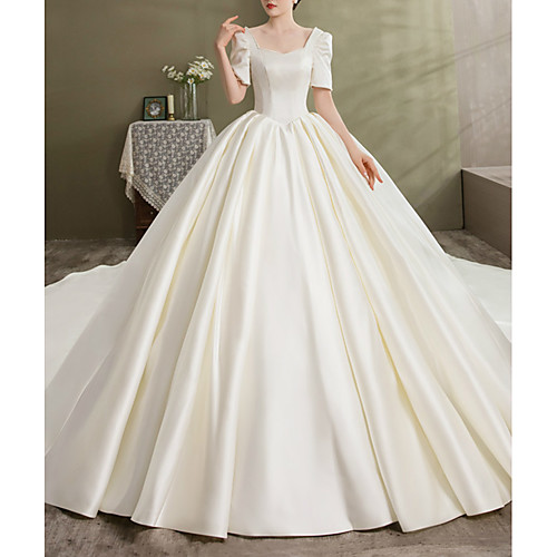

Princess A-Line Wedding Dresses Scoop Neck Chapel Train Satin Short Sleeve Formal Vintage with Bow(s) Beading 2021