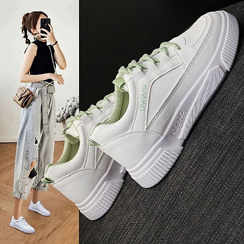 

Women's Trainers Athletic Shoes Flat Heel Round Toe Sporty Daily Walking Shoes PU Lace-up Solid Colored White Green