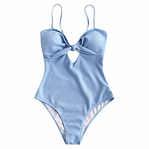 

nomusing swimsuits for women one piece bathing suits high waisted cutout solid bikini push-up tie knot front swimwear blue