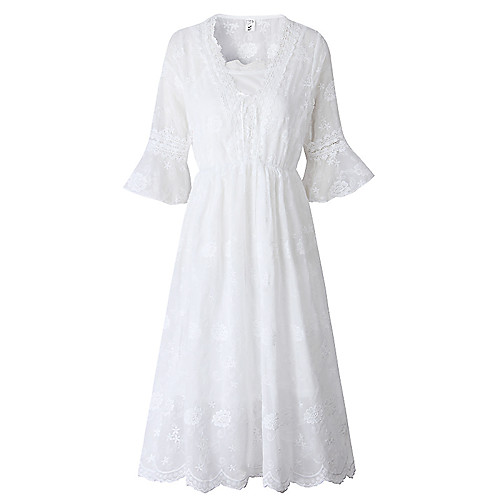 

A-Line Maxi Minimalist Holiday Cocktail Party Dress V Neck 3/4 Length Sleeve Tea Length Lace with Lace Insert 2021
