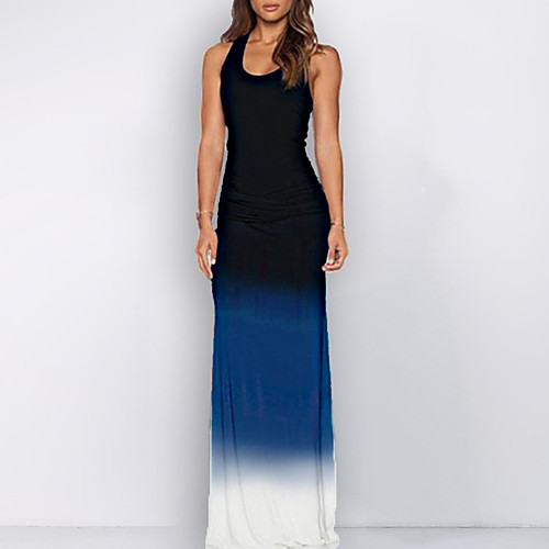

Women's Sheath Dress Maxi long Dress Blue Sleeveless Color Block U Neck Hot S M L XL XXL 3XL 4XL 5XL 6XL