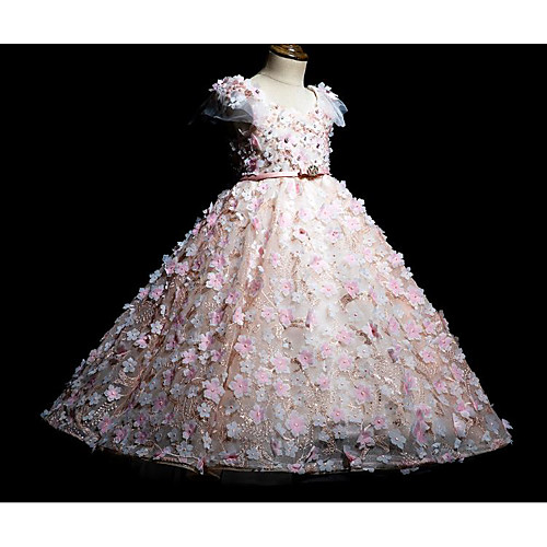

Princess / Ball Gown Floor Length Wedding / Party Flower Girl Dresses - Tulle Short Sleeve Jewel Neck with Bow(s) / Beading / Appliques