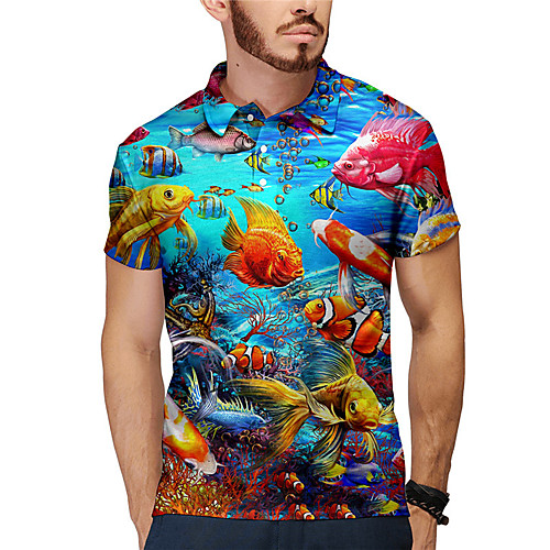 

Men's Polo 3D Print Graphic Prints Fish Animal Button-Down Print Short Sleeve Daily Tops Casual Designer Big and Tall Blue