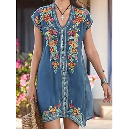 

Women's Shift Dress Short Mini Dress Blue Short Sleeve Print Print Summer V Neck Elegant 2021 S M L XL XXL