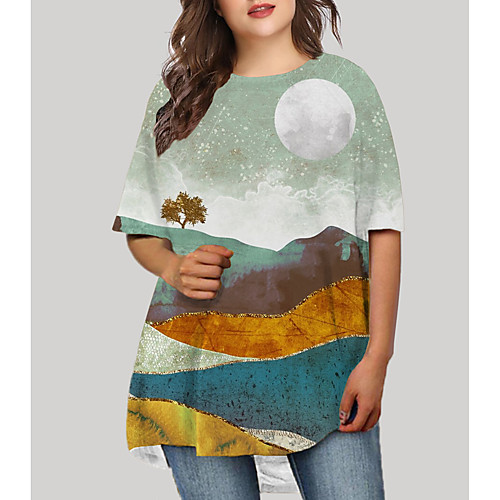 

Women's Plus Size Graphic Scenery Print Basic Half Sleeve Fall Short Mini Dress T Shirt Dress Tee Dress Green