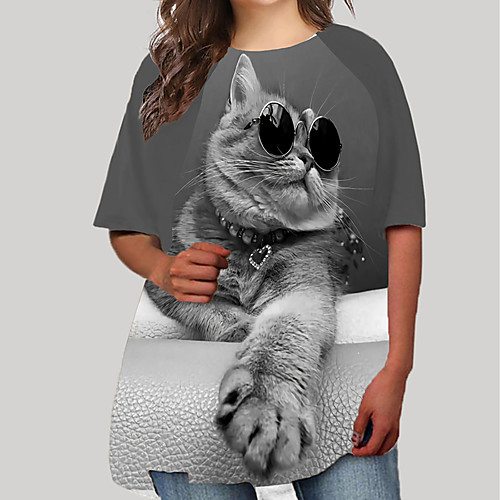 

Women's Plus Size Cat Graphic Animal Print Basic Half Sleeve Spring & Summer Short Mini Dress T Shirt Dress Tee Dress Black Brown