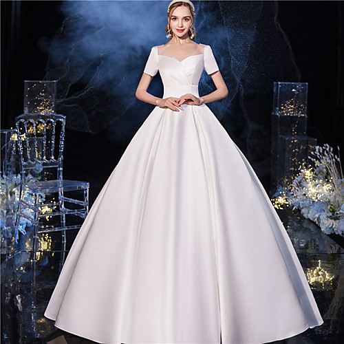 

Princess Ball Gown Wedding Dresses Scoop Neck Floor Length Satin Short Sleeve Simple Vintage with Bow(s) Pleats 2021