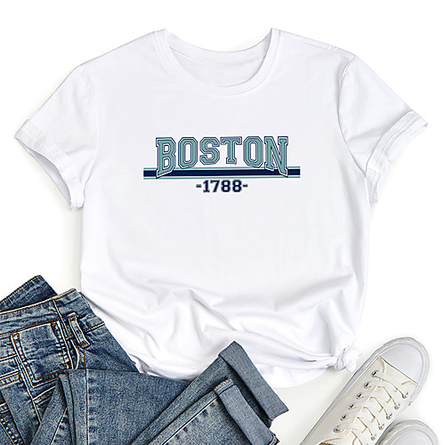 

Women's T shirt Graphic Letter Print Round Neck Tops 100% Cotton Basic Basic Top White Black Blue