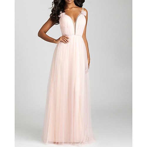 

A-Line V Neck Floor Length Tulle Bridesmaid Dress with Bow(s) / Pleats