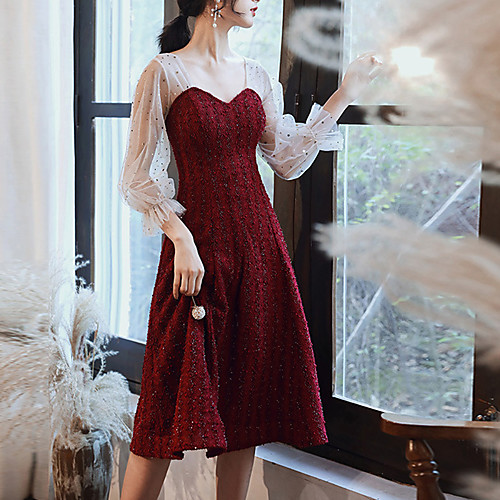 

A-Line Glittering Elegant Homecoming Formal Evening Dress Sweetheart Neckline Long Sleeve Tea Length Sequined with Sequin 2021