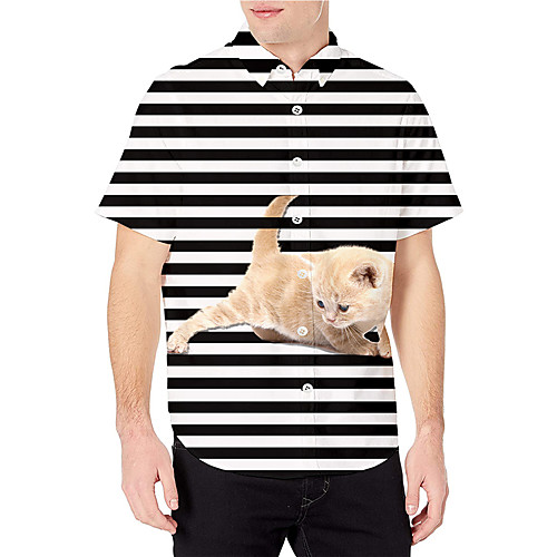 

Men's Shirt 3D Print Striped Cat Animal Button-Down 3D Print Short Sleeve Daily Tops Casual Fashion Breathable Black