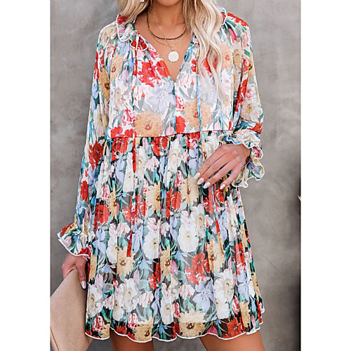 

Women's A Line Dress Short Mini Dress Rainbow Long Sleeve Floral Ruched Patchwork Print Fall Summer V Neck Elegant Casual 2021 XS S M L