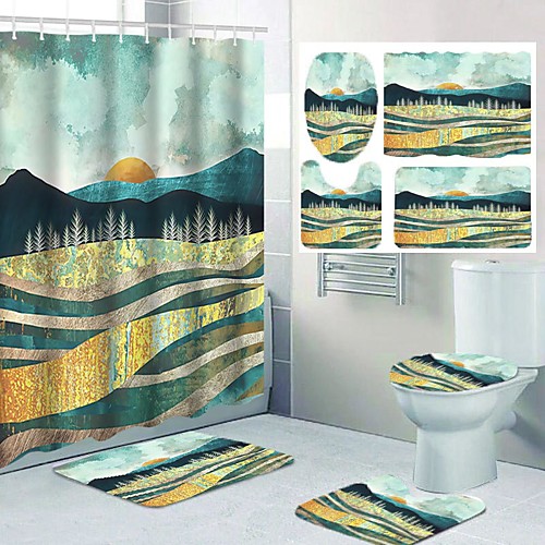 

Comic Field Mountain Forest Sunrise Pattern Printing Bathroom Shower Curtain Leisure Toilet Four-piece Design