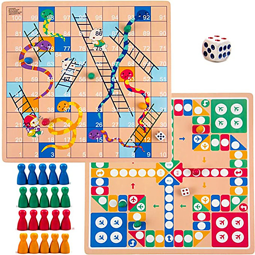 

2 in 1 Snakes and Ladders Classic Family Travel Games Light-Weight Reversible Board Dice Games Set Toy with Multicolored Playing Pieces for Boys Girls Kids Birthday Gift