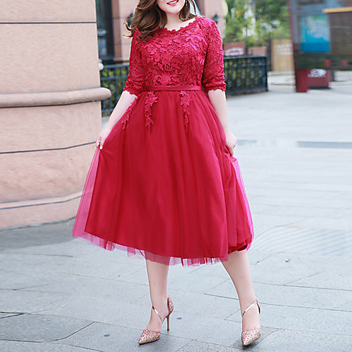 

A-Line Minimalist Plus Size Engagement Cocktail Party Dress Jewel Neck Half Sleeve Knee Length Lace Tulle with Lace Insert 2021