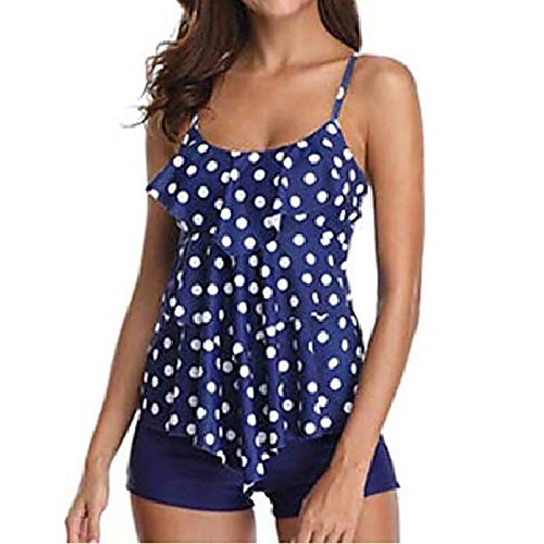

tueenhuge womens flounce polka dot printed tops with boyshorts 2 peices bikini set navy blue