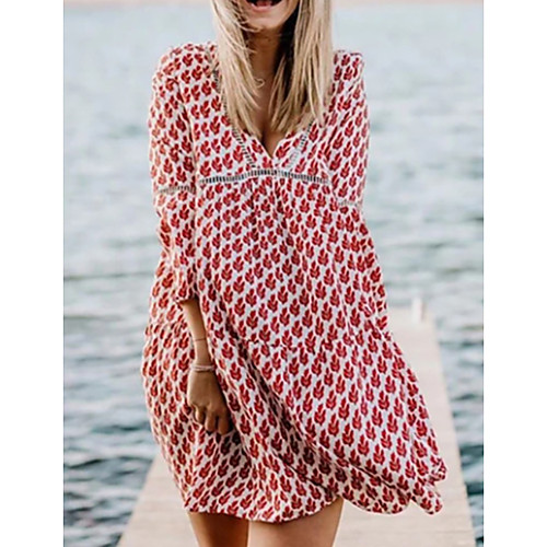 

Women's A Line Dress Short Mini Dress Black Blue Red Long Sleeve Print Print Summer V Neck Sexy Flare Cuff Sleeve 2021 S M L XL XXL 3XL