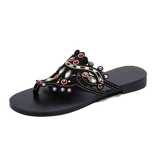

Women's Sandals Boho Bohemia Beach Flat Heel Round Toe Flat Sandals Casual Daily Walking Shoes Faux Leather Rhinestone Solid Colored Golden Black