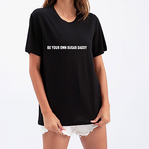 

Women's T shirt Letter Print Round Neck Tops Cotton Basic Basic Top White Black Purple