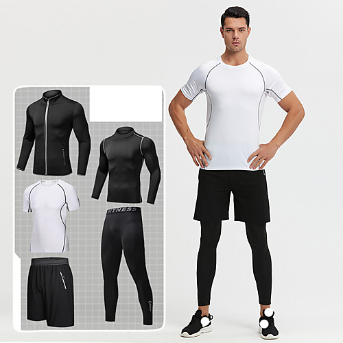 

Men's Zipper Pocket Tracksuit Athleisure 5pcs Summer Short Sleeve Elastane Moisture Wicking Breathable Sweat Out Fitness Jogging Sportswear Solid Colored Normal White / Black Black / Orange Gray