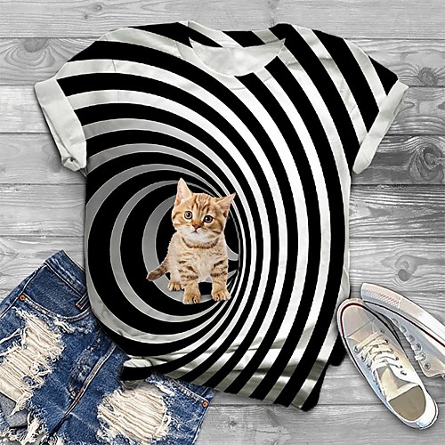 

Women's Plus Size Print Cat Graphic 3D T shirt Large Size Crewneck Short Sleeve Basic Tops XL XXL 3XL Yellow Gray Big Size