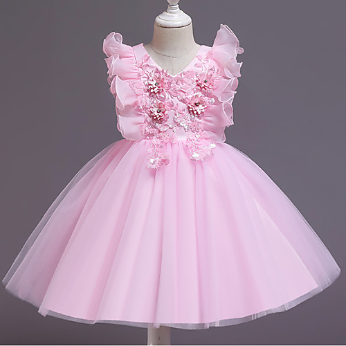 

Ball Gown Knee Length Wedding / Event / Party Flower Girl Dresses - Tulle / Polyester Sleeveless V Neck with Ruffles / Ruching / Flower