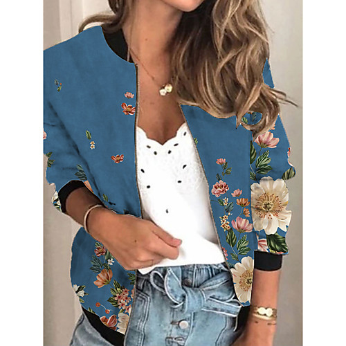 

Women's Plants Print Active Spring & Fall Jacket Regular Daily Long Sleeve Air Layer Fabric Coat Tops Blue