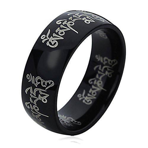 

Titanium Comfort Fit Wedding Band Ring 8mm Tibetan Mantra Om Mani Padme Hum Engraved Black Ring-Size 9.5