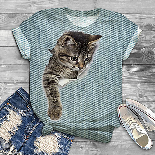 

Women's Plus Size Print Cat Graphic Animal T shirt Large Size Crewneck Short Sleeve Basic Tops XL XXL 3XL Blue LightBlue Big Size