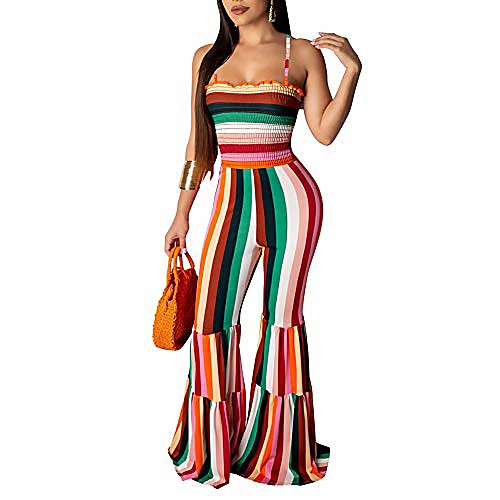 

sexy bodycon jumpsuits for women,floral print drawstring backless wide leg flare bell button overalls clubwear orange m