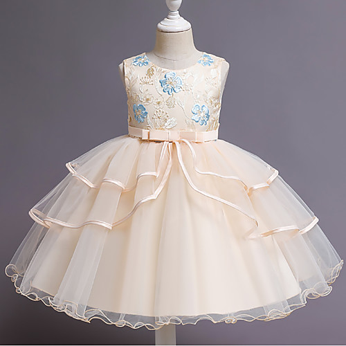 

Ball Gown Knee Length Wedding / Event / Party Flower Girl Dresses - Tulle / Polyester Sleeveless Jewel Neck with Bow(s) / Tier / Embroidery