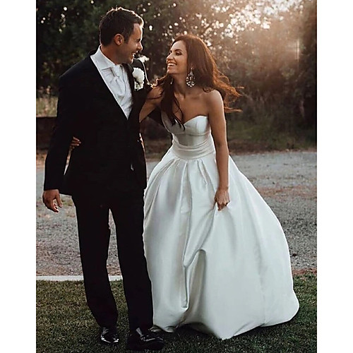 

A-Line Wedding Dresses Strapless Floor Length Satin Sleeveless Country Simple with Pleats Ruched 2021