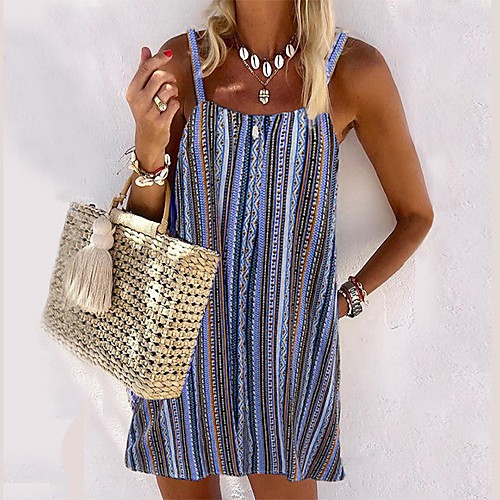 

Women's Strap Dress Knee Length Dress Blue Brown Sleeveless Striped Print Fall Spring Casual Linen S M L XL