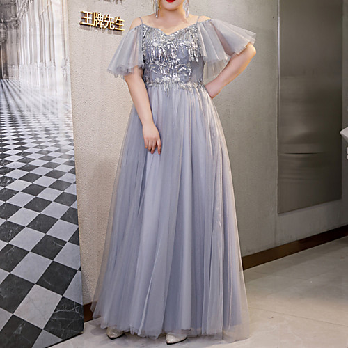 

A-Line Plus Size Elegant Wedding Guest Formal Evening Dress Spaghetti Strap Short Sleeve Floor Length Tulle with Sequin Tassel 2021