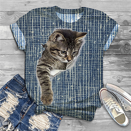 

Women's Plus Size Print Cat Graphic Animal T shirt Large Size Crewneck Short Sleeve Basic Tops XL XXL 3XL Blue LightBlue Big Size