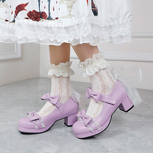 

Women's Lolita Shoes Chunky Heel Round Toe Microfiber Bowknot Lace Solid Colored White Black Purple