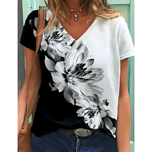 

Women's T shirt Butterfly Color Block Floral Print V Neck Tops Basic Basic Top White Black