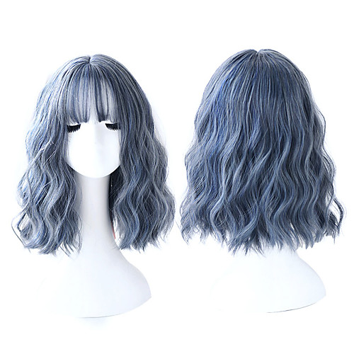 

Wavy Hair Short Grey Blue Lolita Wig Fluffy Synthetic Wig For Women Natural Soft Heat Resistant Wig