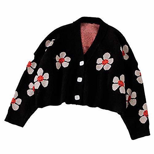 

ladies knit sweater y2k college style floral knit jacket loose v-neck black