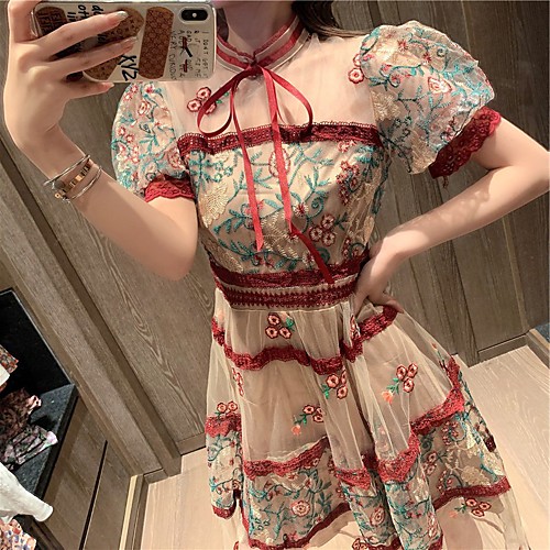 

A-Line Empire Bohemian Holiday Cocktail Party Dress Stand Collar Short Sleeve Tea Length Spandex Tulle with Embroidery 2021