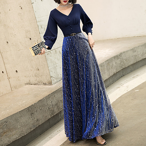 

A-Line Glittering Elegant Wedding Guest Formal Evening Dress V Neck Long Sleeve Floor Length Spandex Tulle with Sash / Ribbon Buttons 2021