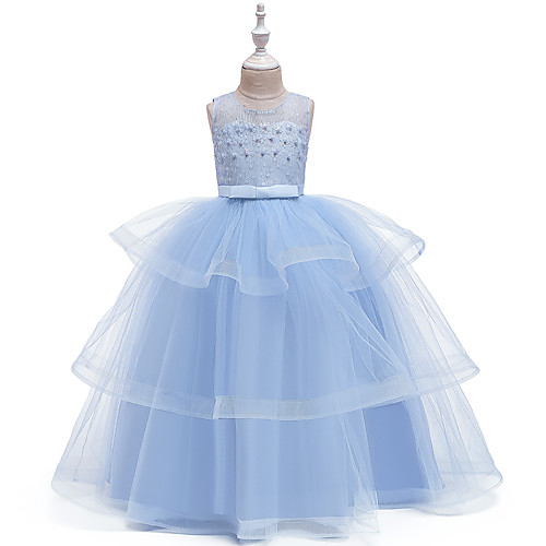 

Ball Gown Floor Length Wedding / Event / Party Flower Girl Dresses - Tulle / Polyester Sleeveless Jewel Neck with Faux Pearl / Bow(s) / Ruching