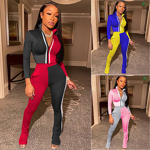 

Women's Sweatsuit 2 Piece Full Zip Crop Top Spaghetti Strap Color Block Sport Athleisure Clothing Suit Long Sleeve Breathable Soft Comfortable Everyday Use Street Casual Daily Outdoor