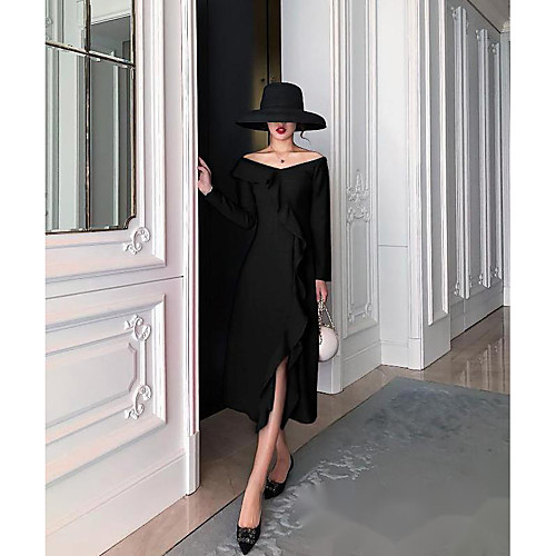 

A-Line Little Black Dress Elegant Homecoming Cocktail Party Dress Off Shoulder Long Sleeve Tea Length Stretch Fabric with Ruffles Split 2021