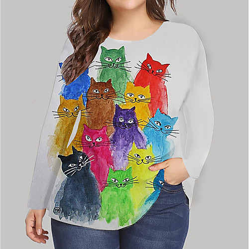 

Women's Plus Size Print Cat Graphic Animal T shirt Large Size Round Neck Long Sleeve Tops Big Size