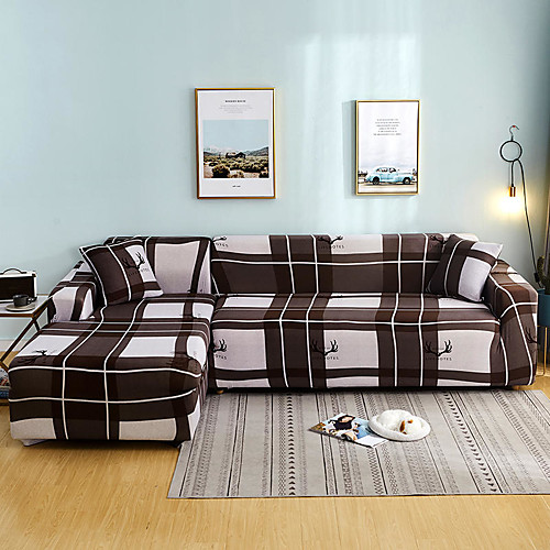 

Brown Check Print Dustproof All-powerful Slipcovers Stretch L Shape Sofa Cover Super Soft Fabric Couch Cover with One Free Pillow Case