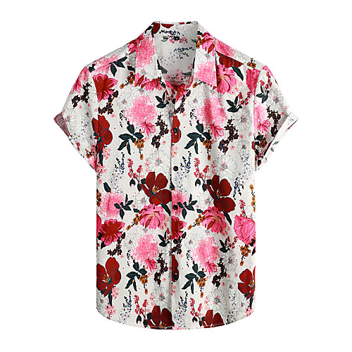 

Men's Shirt Floral Short Sleeve Daily Tops 100% Cotton Basic Boho Red