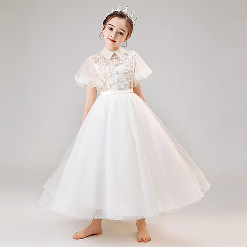 

Princess Ankle Length Party / Engagement Party Flower Girl Dresses - Lace / Tulle Short Sleeve High Neck with Lace / Buttons / Solid