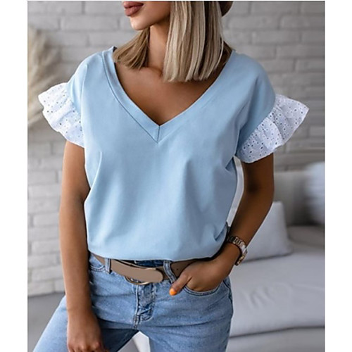 

Women's T shirt Plain Ruffle V Neck Tops Basic Basic Top White Black Blue